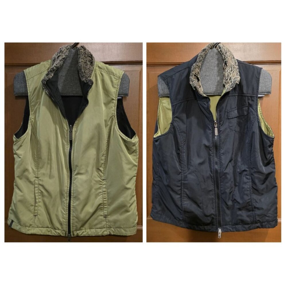 Columbia WOMENS Reversible Vest GREEN/BLACK Zip Faux Fur Collar Pockets SZ M
